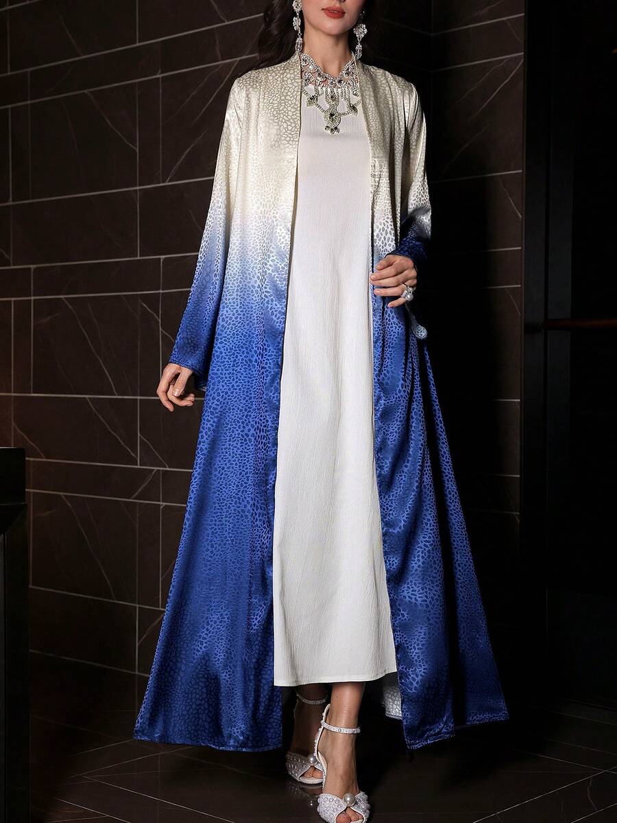 Al Najma Abaya elegante de manga larga con estampado de leopardo y degradado azul de gasa para mujer, primavera/verano - Multicolor - Ver 1