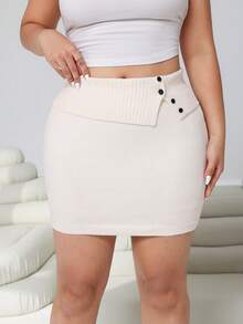 Comfortcana Plus Size Women Solid Color Foldover Mini Bodycon Skirt, Fashionable, Elegant, Minimalist, Casual, Versatile Knit Skirt - Apricot - View 5