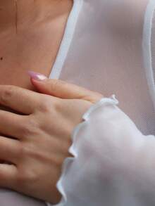 SILVIA DI SANTO Solid Tie Front Lettuce Trim Mesh Y2k Top - White - View 6