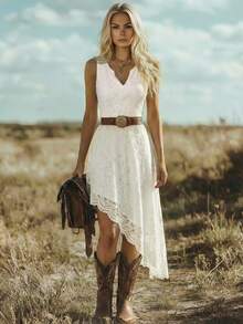 Balvessa Bohemian Vacation Style Western Festival Lace Fitted Elegant Midi Dress For Women - White - View 3