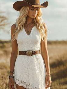 Balvessa Bohemian Vacation Style Western Festival Lace Fitted Elegant Midi Dress For Women - White - View 5