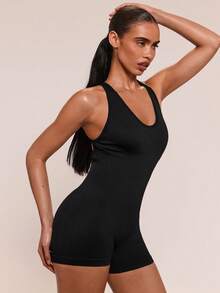 SHEIN BAE Women's Letter Print Backless Criss-Cross Slim Fit Romper Jumpsuit - Black - View 6