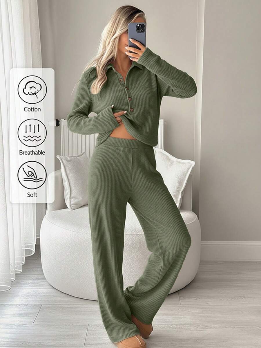EURMUSE Petite Size Women 2 Pieces Casual Long Sleeve Top And Pants Set - Mint Green - View 1
