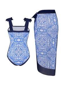 Retro Print Tween Girls One-Piece Swimsuit - Blue and White - View 2