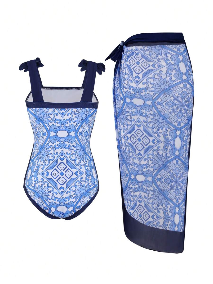 SHEIN Bộ đồ bơi liền thân in họa tiết retro dành cho bé gái tuổi teen - Xanh và trắng - Xem 1