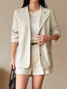 DAZY 女士单排扣翻领西装短裤套装 - 卡其色 - 查看 4