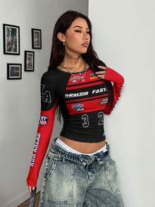 Coolane 休闲简约运动街头派对装，黑红数字和英文字母赛车摩托车图案印花，音乐节，夏季旅行女式插肩袖T恤 - 彩色 - 查看 4