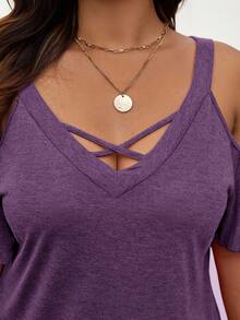 SHEIN LUNE Áo thun dáng rộng, màu trơn, hở vai, cỡ lớn, thích hợp mặc mùa hè. - Màu tím - Xem 3