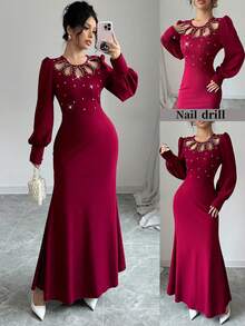 Modelyn Vestido ajustado elegante de punto de angora rojo con adornos de strass y bajo de cola de sirena para otoño/invierno, ropa de Año Nuevo, vestido largo de noche para mujer - Rojo - Ver 2