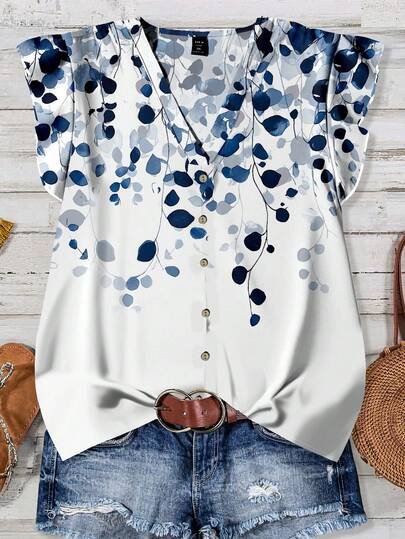 EMERY ROSE Chic Plus Size Ruffle V Neck Blouse Multicolor Random Print Top With Flounce Extra-Long Sleeves Casual Wear