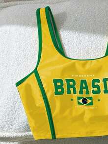 Swim Vcay 女士夏季沙滩休闲度假巴西字母印花泳衣上衣 - 黃色 - 查看 3