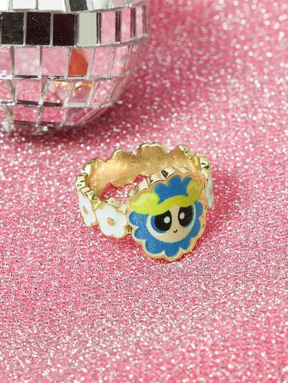 THE POWERPUFF GIRLS X SHEIN Cross-Border Hot-Selling Zinc Alloy Cartoon Pattern Printing Ring, Niche High-End Sense, Simple And Cute, Suitable For Various Parties, Concerts, Festivals