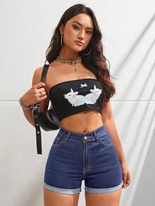 SHEIN ICON Solid Color Slant Pocket Skinny Button Casual Versatile Denim Shorts - Dark Wash - View 6