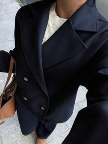 Flirla 杏色翻领，双排扣，带口袋，长袖，短款外套，时尚，通勤，办公，休闲，优雅，复古，学术，日常，约会，女士，秋冬 - 藏蓝色 - 查看 6