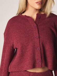 MISSGUIDED Conjunto de Duas Peças em Tricô Canelado Bordô, Cardigan com Botões na Frente e Saia Longa Coordenada, Outono Inverno - Vinho - Visão 2