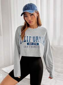 SHEIN EZwear 大码女装春季时尚灰色字母印花落肩套头短款T恤 - 灰色 - 查看 5