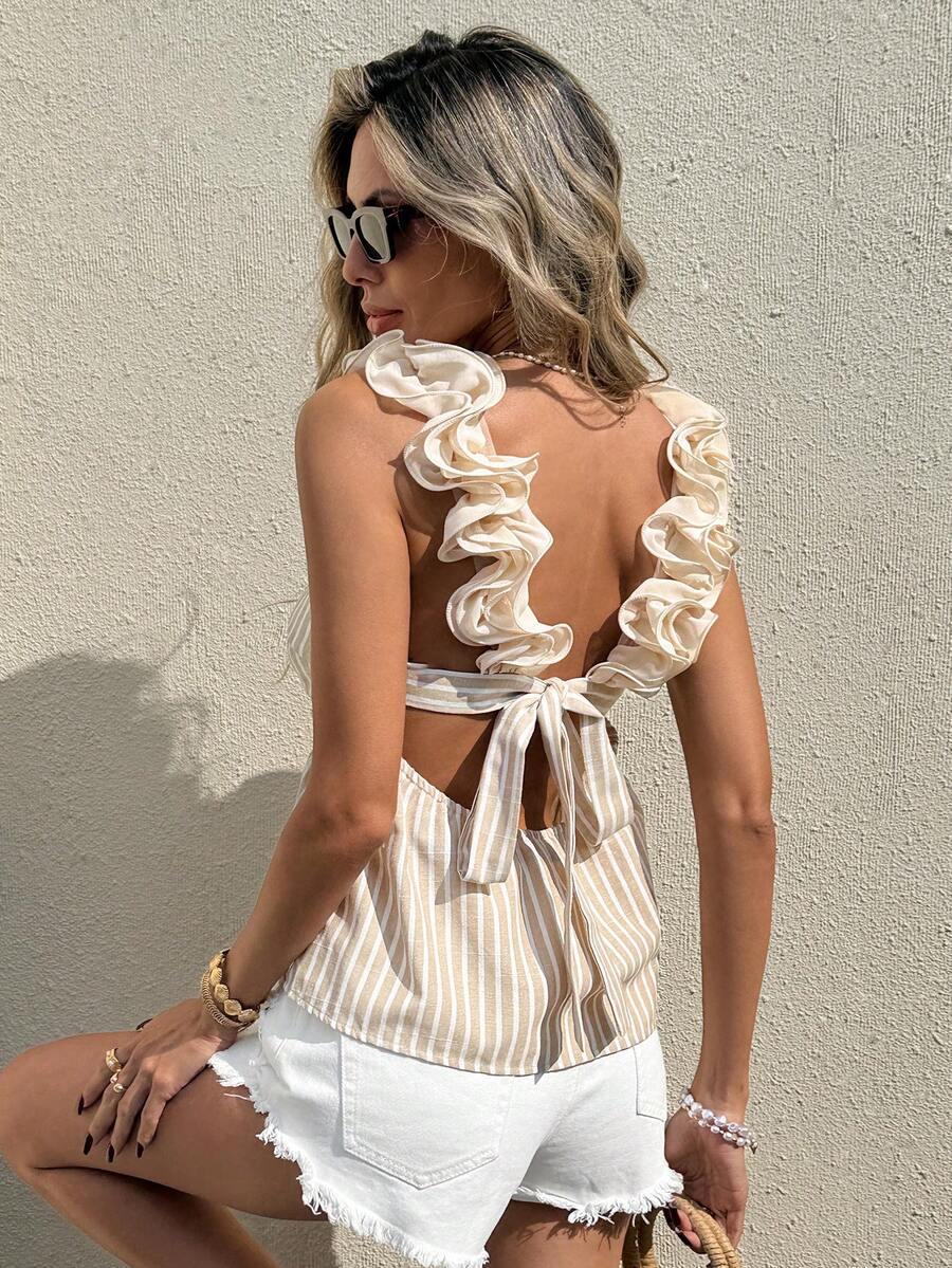 Serisse Striped Sleeveless Tie-Up Fashionable Camisole Top For Summer - Apricot - View 1