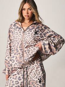 Missguided x Playboy 豹纹印花超大款全拉链连帽衫，带抽绳和前口袋，适合休闲街头风秋冬外套 - 彩色 - 查看 2