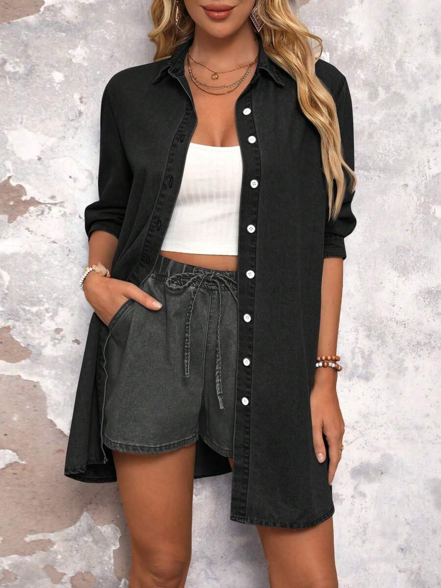 SHEIN LUNE 女式宽松休闲牛仔短裤，配有腰带和口袋 - 黑色 - 查看 1