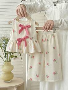 LMoss Kids 2pcs Baby Girl Ditsy Floral Woven Vest And Pants Set - Multicolor - View 6
