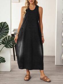 EMERY ROSE Đầm denim dài dáng rộng, không tay, cổ chữ U, dây đeo bản rộng, có túi, dành cho người có thân hình đầy đặn, thích hợp cho mùa hè. - màu đen - Xem 4