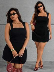 SHEIN ICON Plus Size Solid Color Square Neck Sleeveless Wide Strap Simple Design Denim Suspender Sexy Dress - Black - View 1