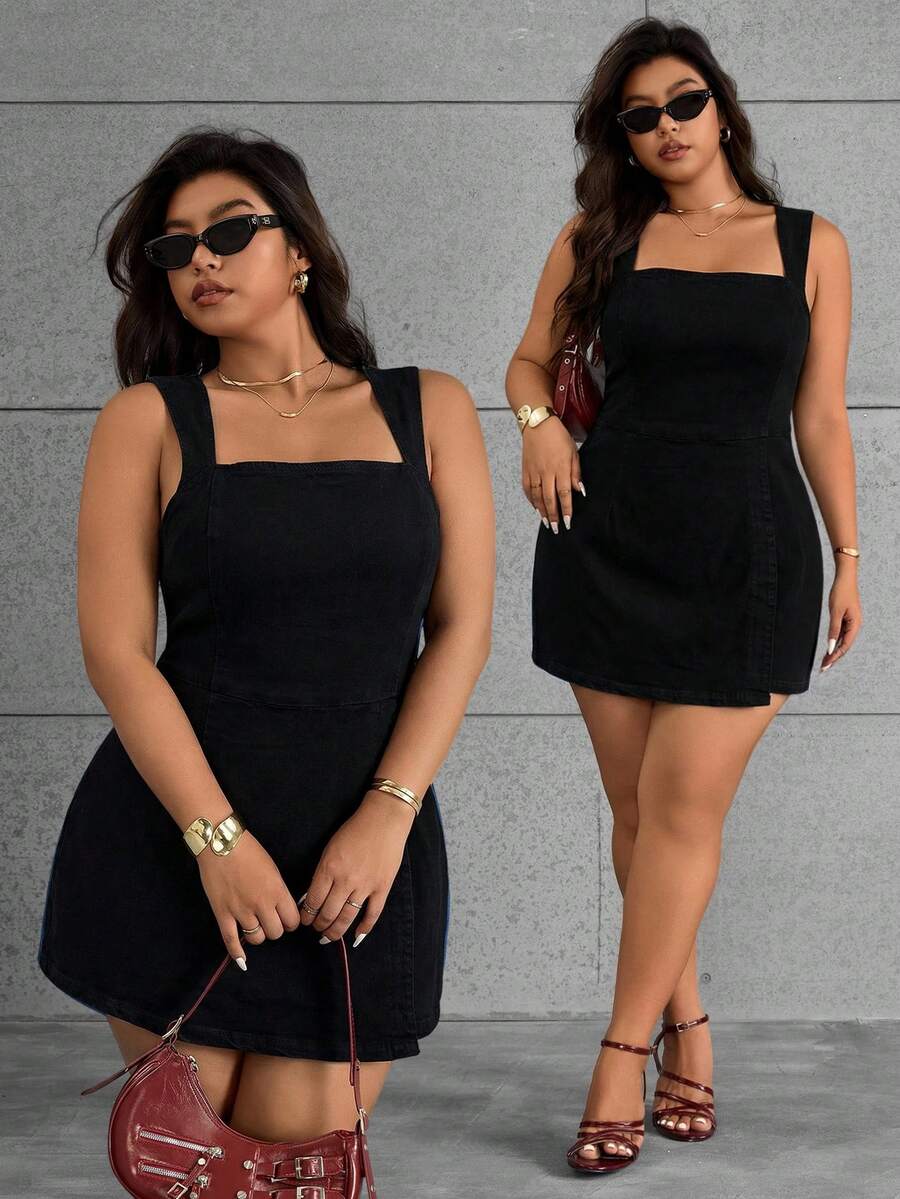 SHEIN ICON Plus Size Solid Color Square Neck Sleeveless Wide Strap Simple Design Denim Suspender Sexy Dress - Black - View 1