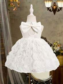 Baby Girls' Elegant Bowknot Back Embroidered Ruffle Hem Dress, White - White - View 2