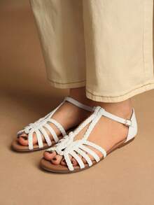 Rosivie Summer New White Woven Roman Sandals Women, White Hollow Flats, Retro Fashion Vacation Style Valentine's Day - White - View 3