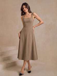 Amorya Vestido de verano de mujer con cuello cuadrado, sin mangas y cintura ceñida, de unicolor y elegante minimalista - Caqui - Ver 4