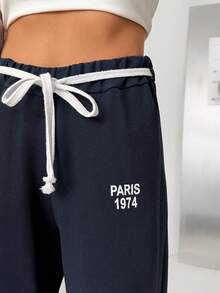 EURMUSE Quần nỉ ống rộng màu trơn dành cho nữ, có thêu họa tiết. - Màu xanh hải quân - Xem 7