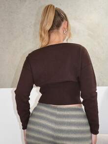 Arliah Women's Autumn/Winter Exposed Shoulder Off Shoulder Long Sleeve Tight Ribbed Brown Sweater - Brown - View 2