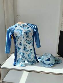 SHEIN 2件套男童可爱卡通印花撞色长袖防晒泳衣及泳帽套装，适合海滩、泳池、春夏穿着 - 彩色 - 查看 4