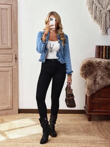 EMERY ROSE Women's Casual Ruffle Trim Cropped Denim Jacket, Suitable For Spring/Autumn, Daily, Commuting, Vacation - Light Wash - View 3