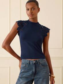 Lilora Blusa casual ajustada con cuello mao y parches de encaje para mujer - Azul - Ver 4