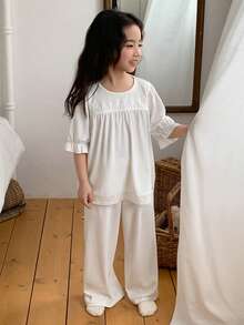 DAZY Young Girl Floral Embroidery Round Neck Mid-Sleeve Top And Wide-Leg Pants Casual Loungewear Set - White - View 2