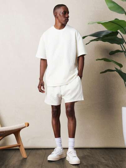  SUMWON Textured Loose Fit Crew Neck Short Sleeve T-Shirt With Matching Shorts Co-Ord Set Summer Casual Loungewear Outfit Vacation