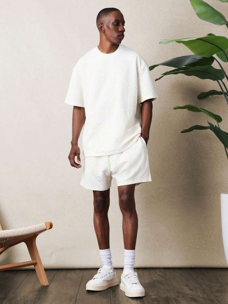 SUMWON Textured Loose Fit Crew Neck Short Sleeve T-Shirt With Matching Shorts Co-Ord Set Summer Casual Loungewear Outfit Vacation