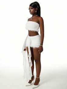 Amplova Conjunto de 2 piezas para mujer, top corto de un hombro de manga larga con textura esponjosa y minifalda ajustada con volantes, todo blanco, ropa de fiesta, otoño, estilo años 70, cumpleaños, Y2K - Blanco - Ver 2