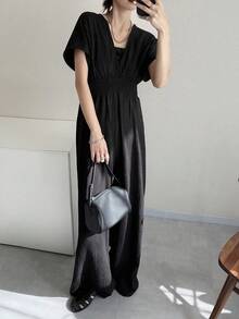 FRIFUL 女士纯色打结V领休闲短袖连体裤，女士家居服套装 - 黑色 - 查看 4