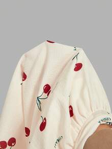 SHEIN MOD Đầm tay ngắn dáng suông cổ chữ V xếp ly, in họa tiết quả anh đào, cỡ lớn dành cho nữ. - Màu be - Xem 16