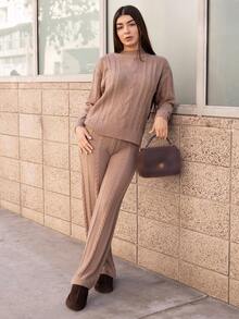 Andrea Bello Women's Khaki Crew Neck Long Sleeve Casual Sweater Top And Pants 2-Piece Set, Winter Outfit,Fall,Fall Clothes For Women - Khaki - View 1