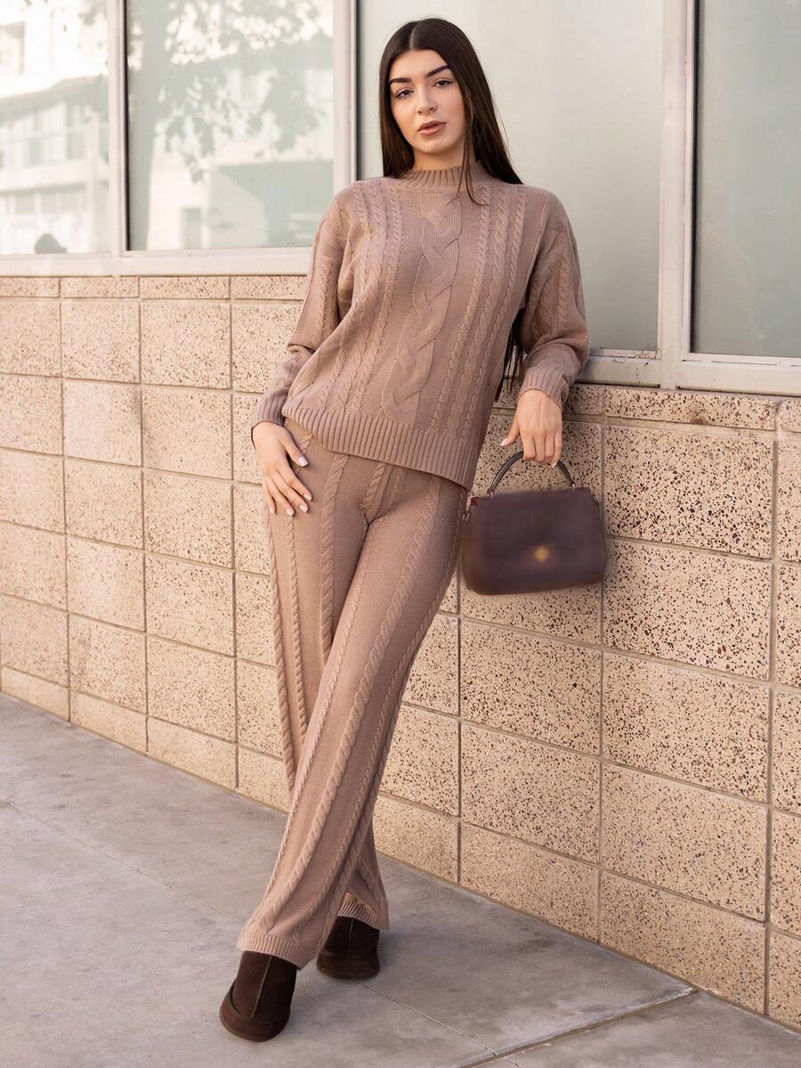 Andrea Bello Women's Khaki Crew Neck Long Sleeve Casual Sweater Top And Pants 2-Piece Set, Winter Outfit,Fall,Fall Clothes For Women - Khaki - View 1