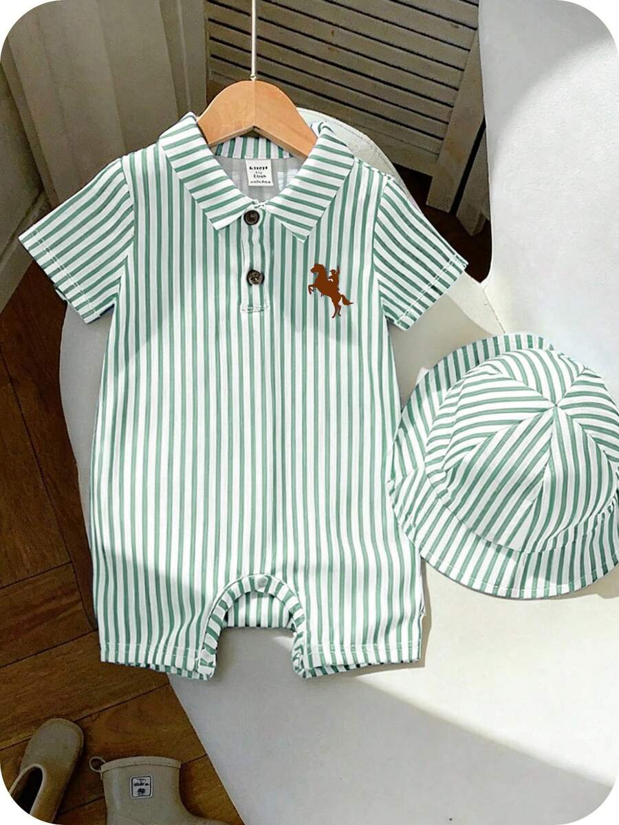 SHEIN Set 2 buc. nou-născuți, băieți/fete, salopă confortabilă, casual, cu imprimeu de cai, dungi albastre, mânecă scurtă și pălărie de soare, potrivit pentru interior, exterior, zi de zi, sport, joacă, petrecere, ședință foto, vacanță, primăvară/vară - Multicolor - Vizualizare 1