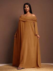 Veslaya 2025秋冬新款优雅咖啡棕色宽松肩领长袖A字连衣裙，适合派对、约会、毕业典礼、婚礼、生日、情人节、聚会、鸡尾酒会等场合。 - 摩卡棕 - 查看 3