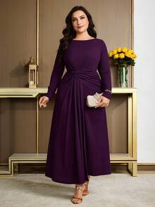 Modelyn Vestido de manga larga de unicolor elegante para mujer de talla grande - Burdeos - Ver 4