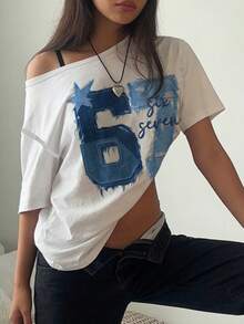 SHEIN EZwear 休闲简约时尚数字67印花露肩宽松女式T恤 - 彩色 - 查看 5