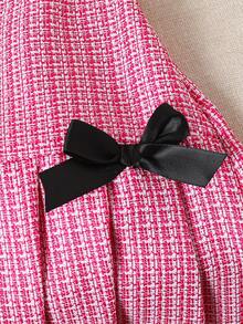 Tween Girls Casual Bowknot Plaid Print Short Sleeve Top And Pleated Skirt 2 Pieces Set - Hot Pink - View 4