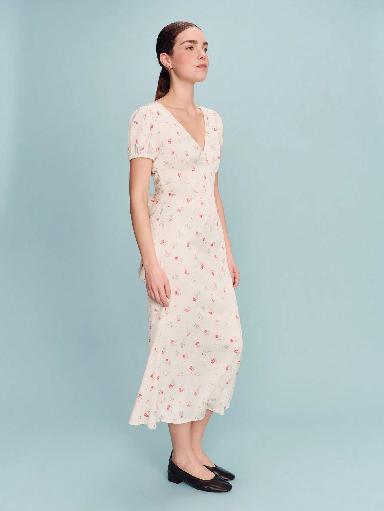 White Tie Waist Satin Woven Maxi Dress With Mini Rose Print And Puff Sleeve Vintage Dress Spring Summer Vacation French Style Parisian Style