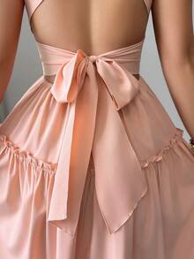 Elenzga 新款露背系带修身优雅性感百搭女式长裙 - 粉色 - 查看 5